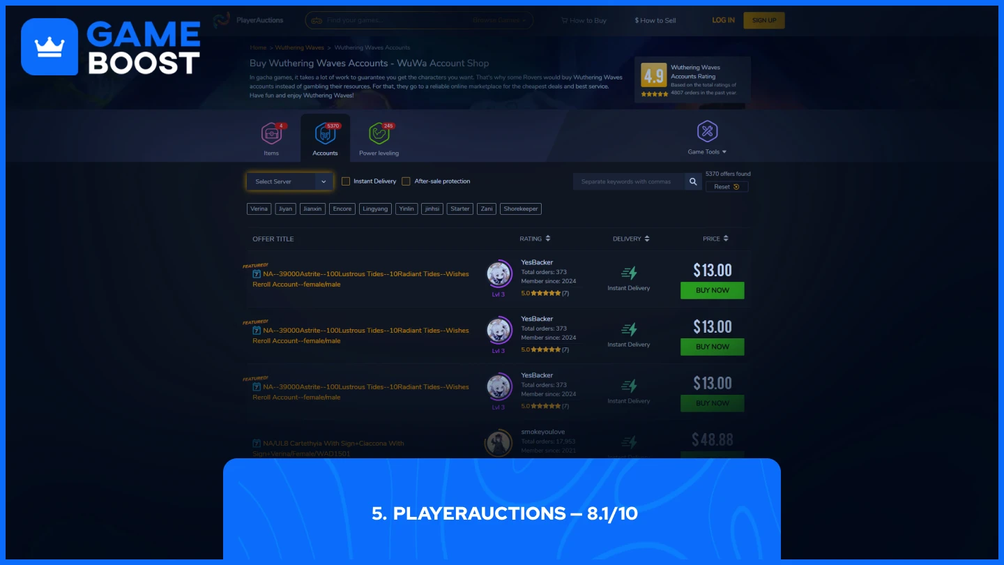 playerauctions wuthering waves accounts page