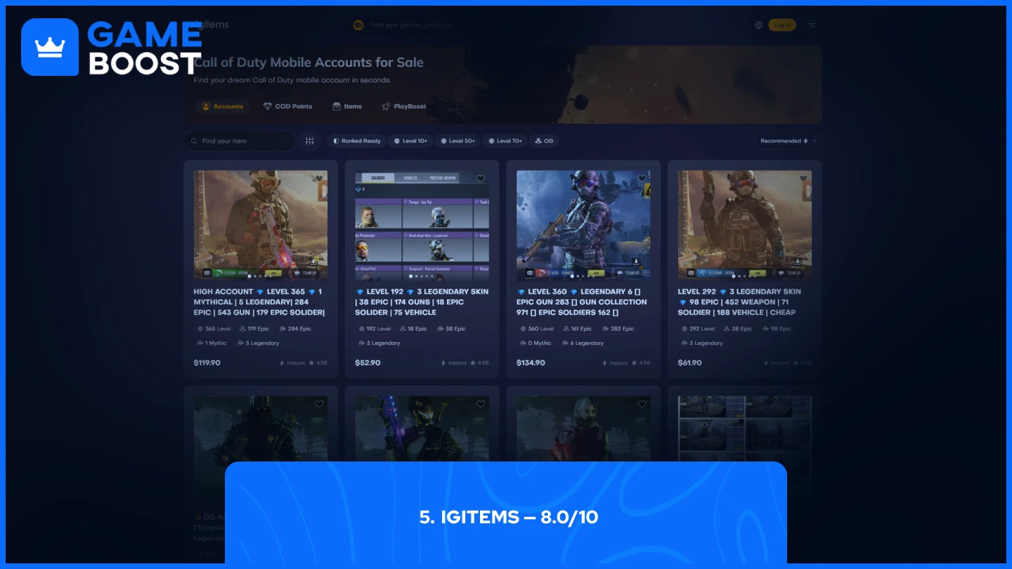 Igitems cod mobile accounts page