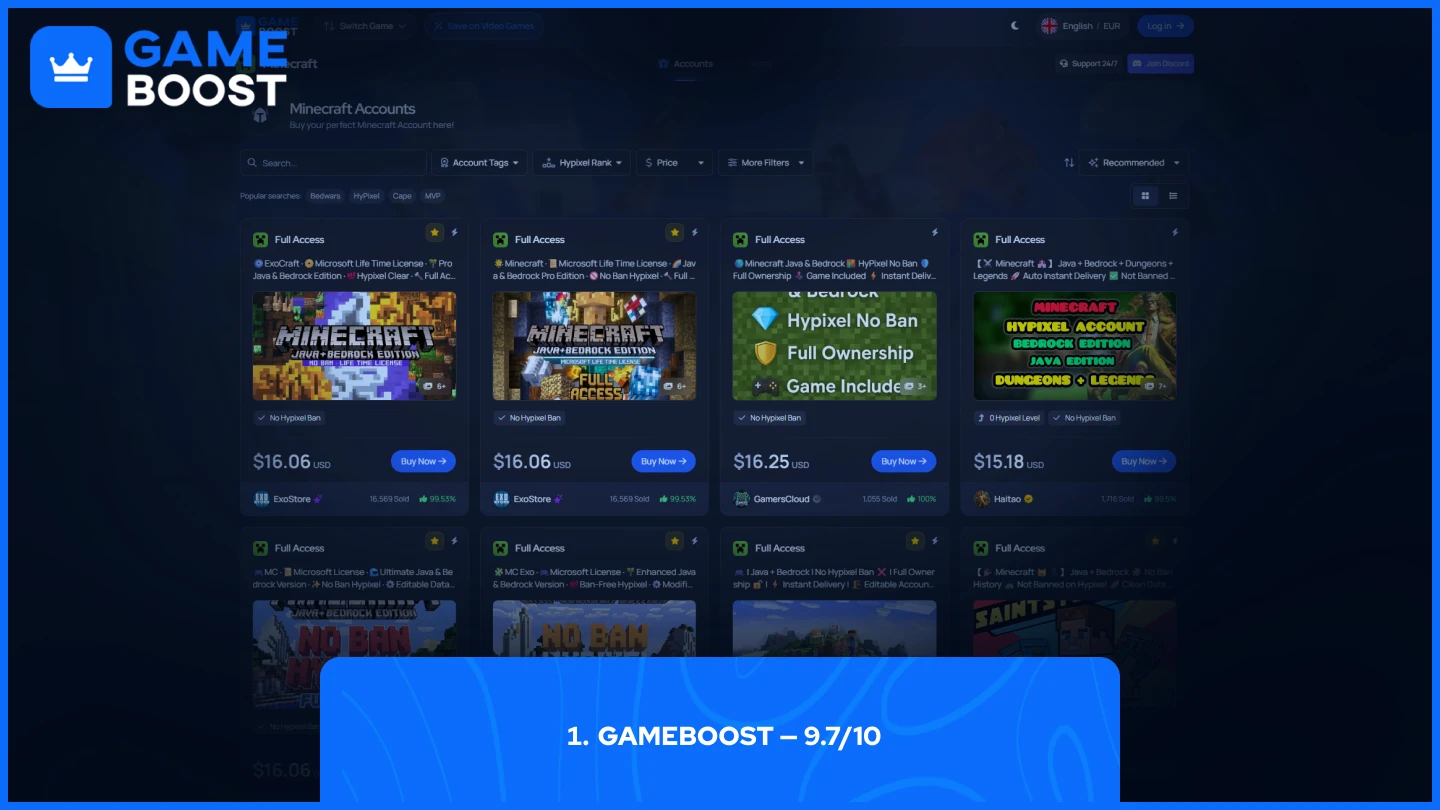 GameBoost minecraft accounts page