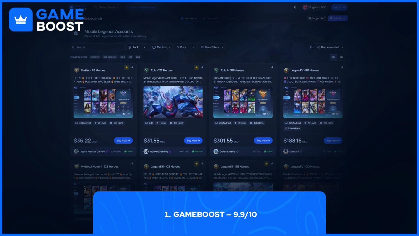 GameBoost mlbb accounts page