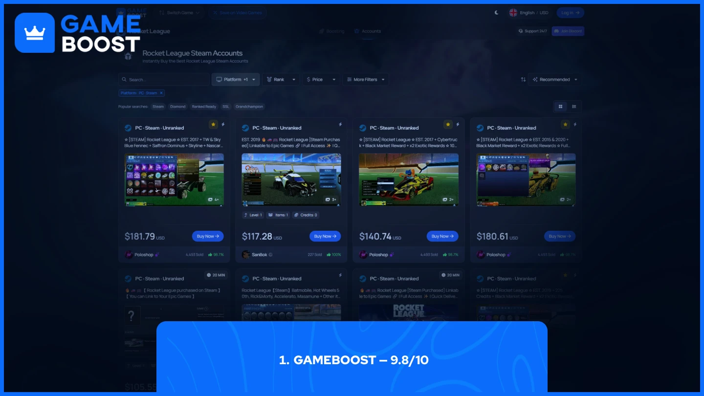 gameboost rocket league accounts page
