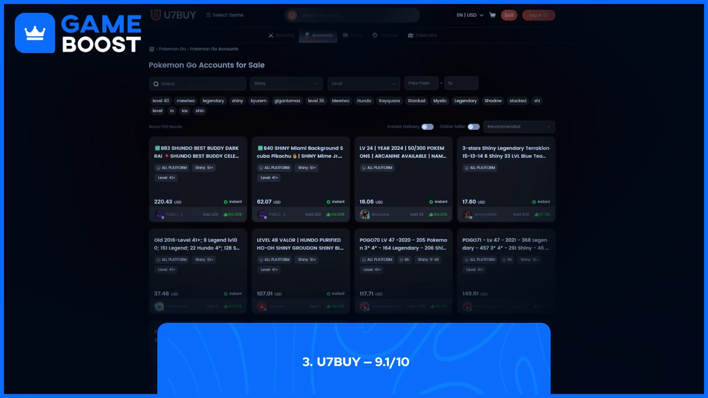 U7BUY pokemon go accounts page