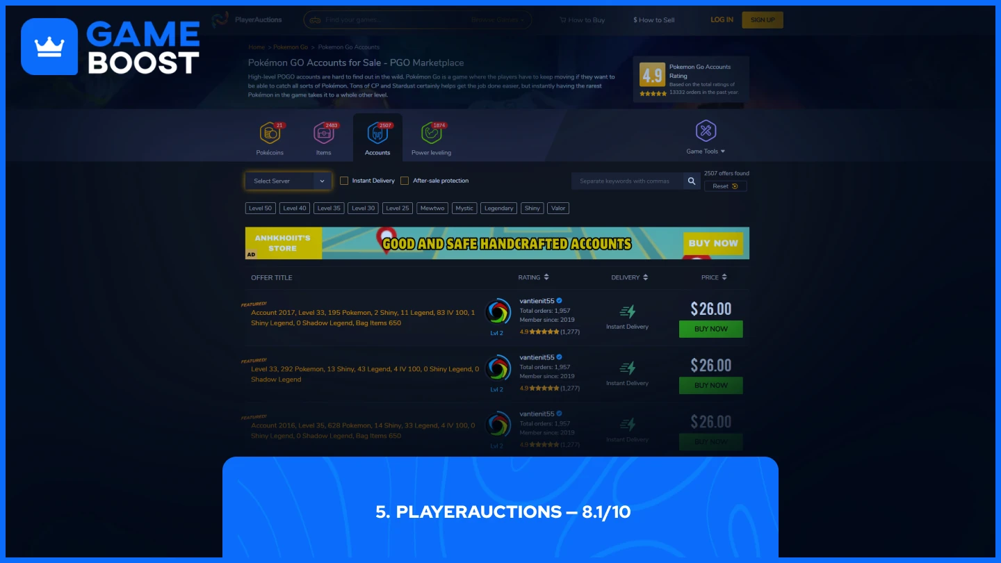 playerauctions pokemon go accounts page