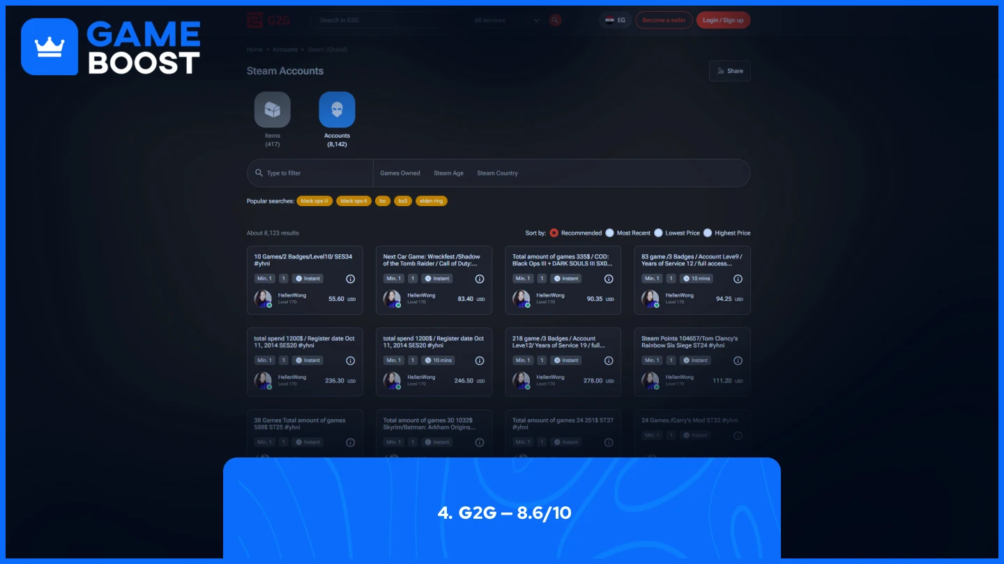 g2g rocket league accounts page