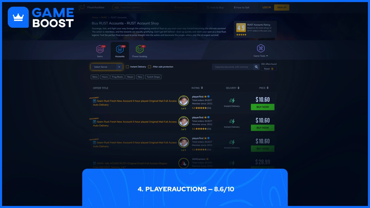 playerauctions rust accounts page