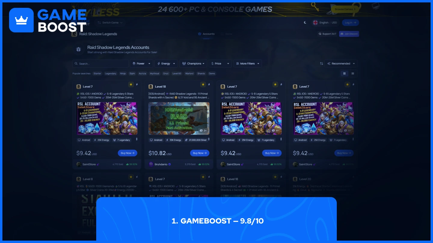 gameboost raid shadow legends accounts page