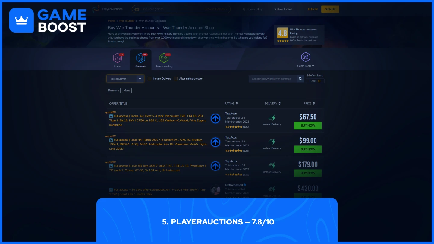 playerauctions war thunder accounts page