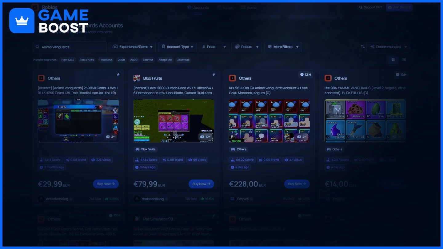 gameboost anime vanguards accounts