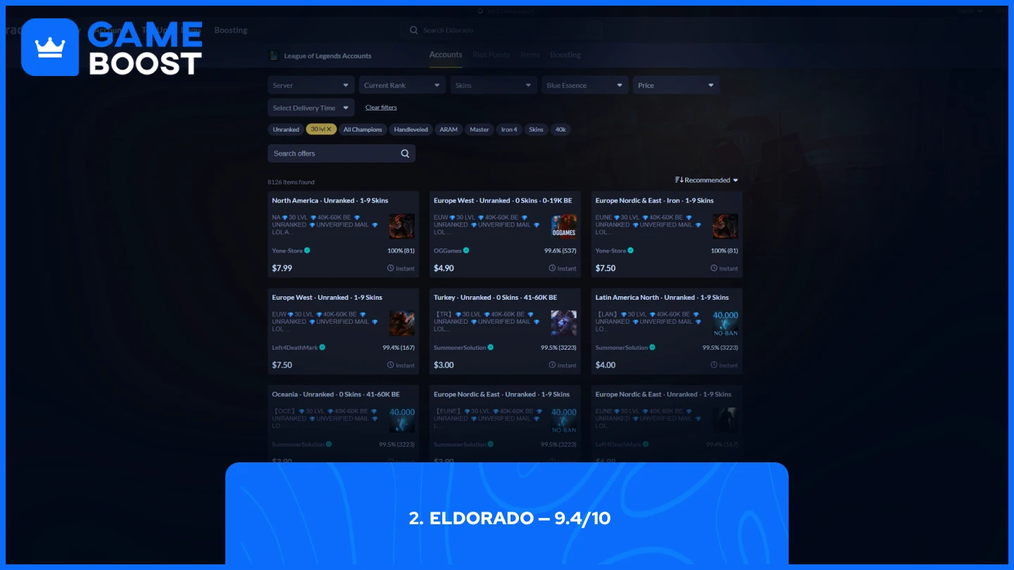 page des comptes smurf Eldorado LoL