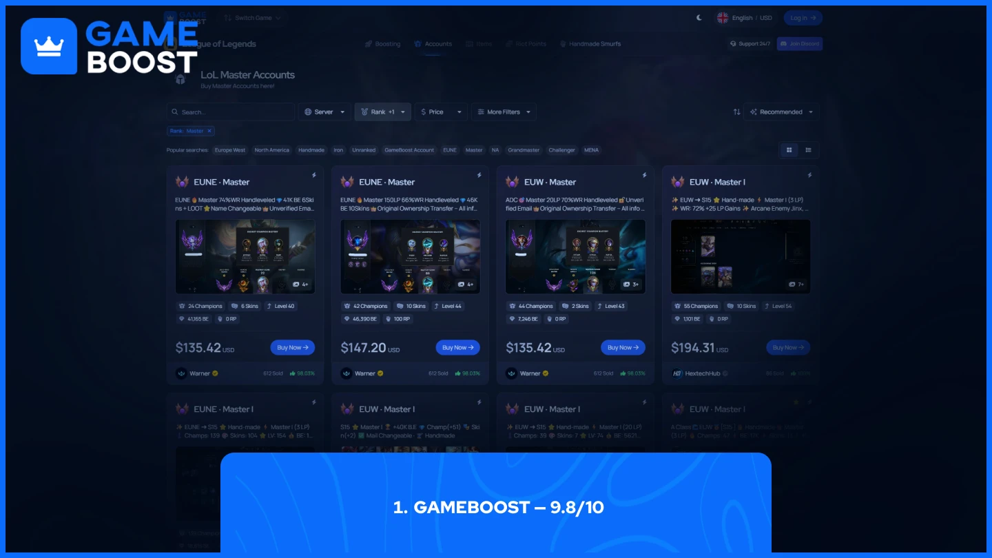 gameboost lol master accounts page