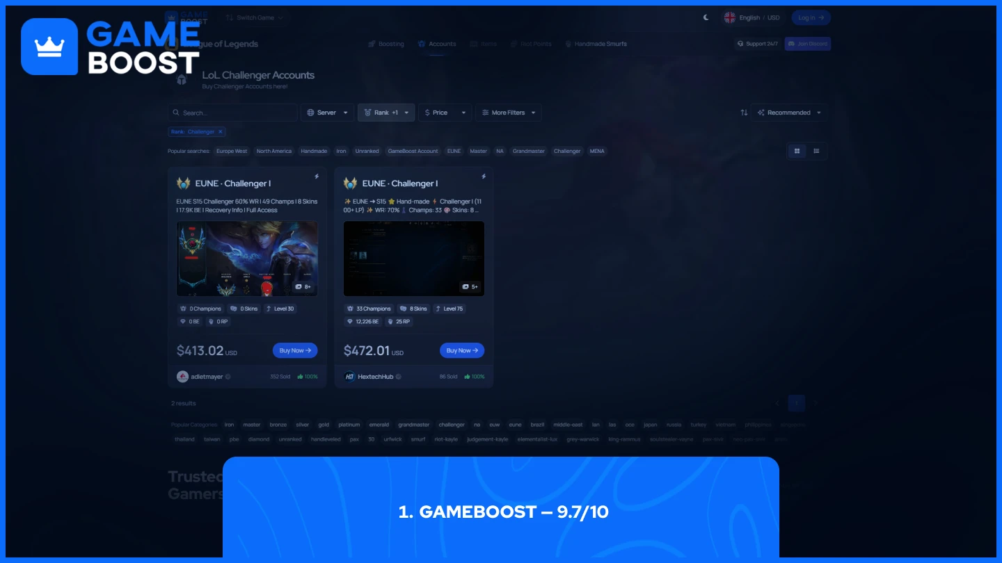 gameboost lol challenger accounts page