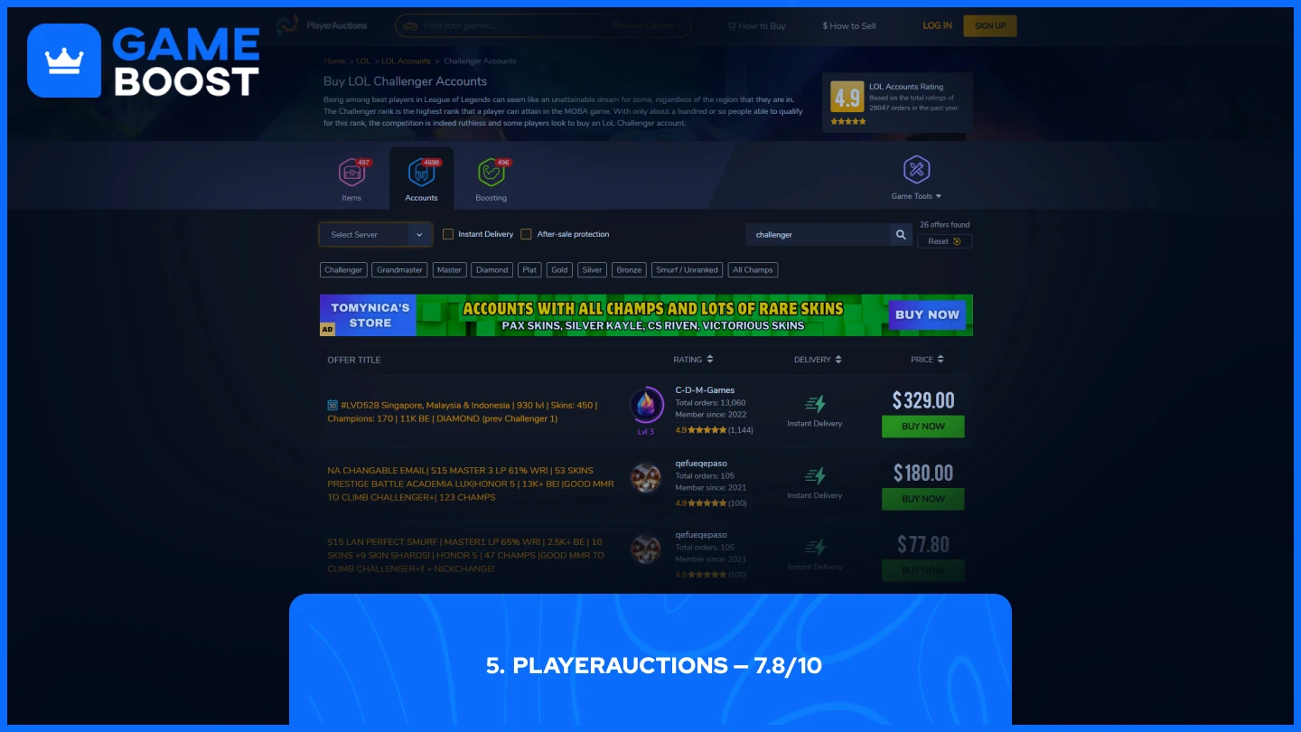 playerauctions lol challenger accounts page