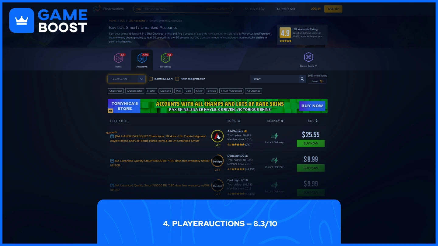 page des comptes smurf LoL de playerauctions