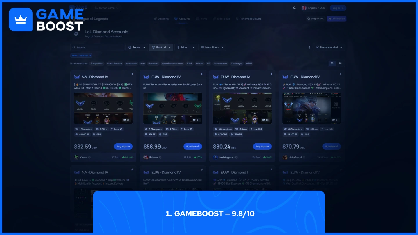 gameboost LoL Diamond Accounts page