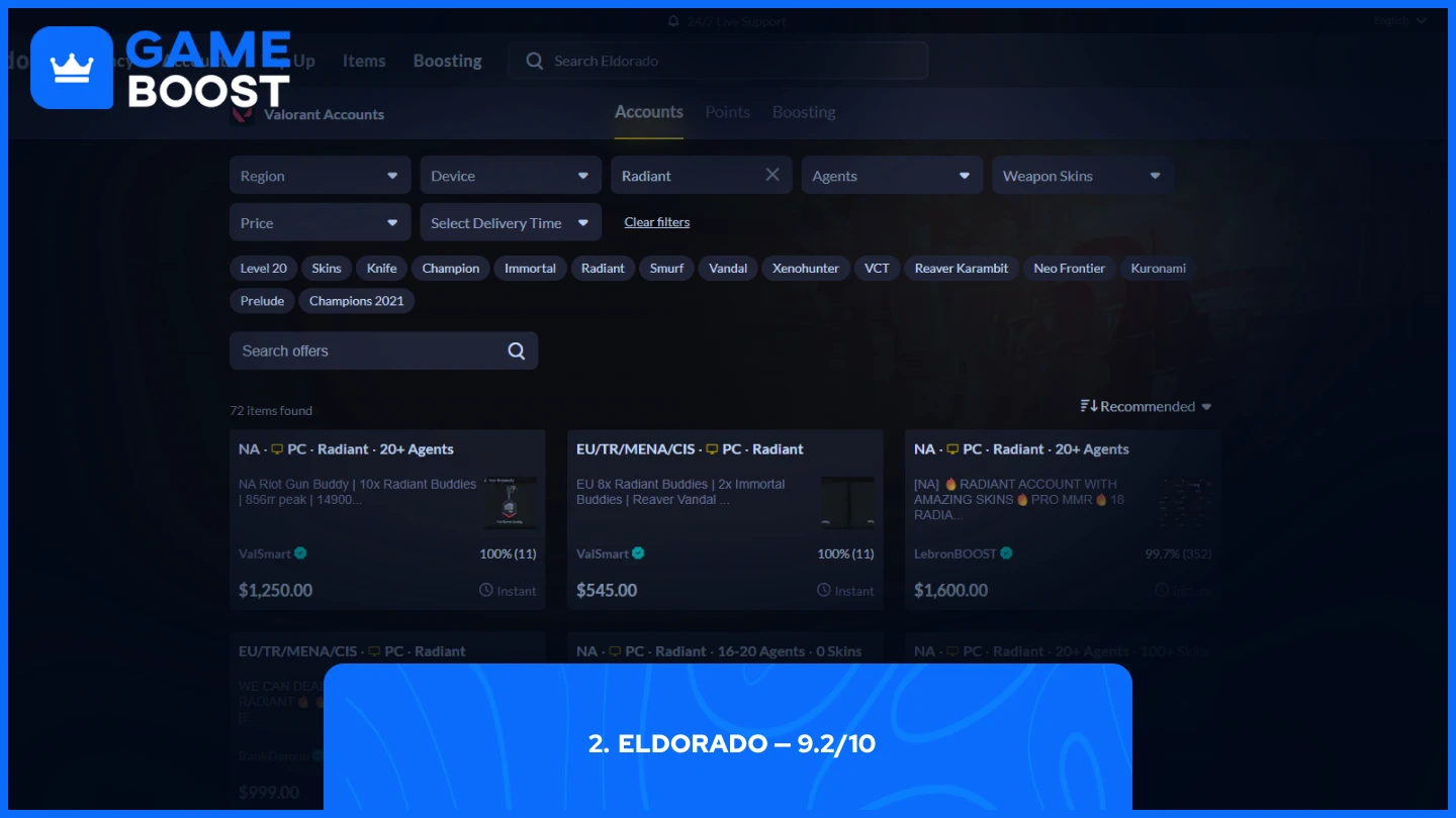 pagina account radiant di Valorant di Eldorado