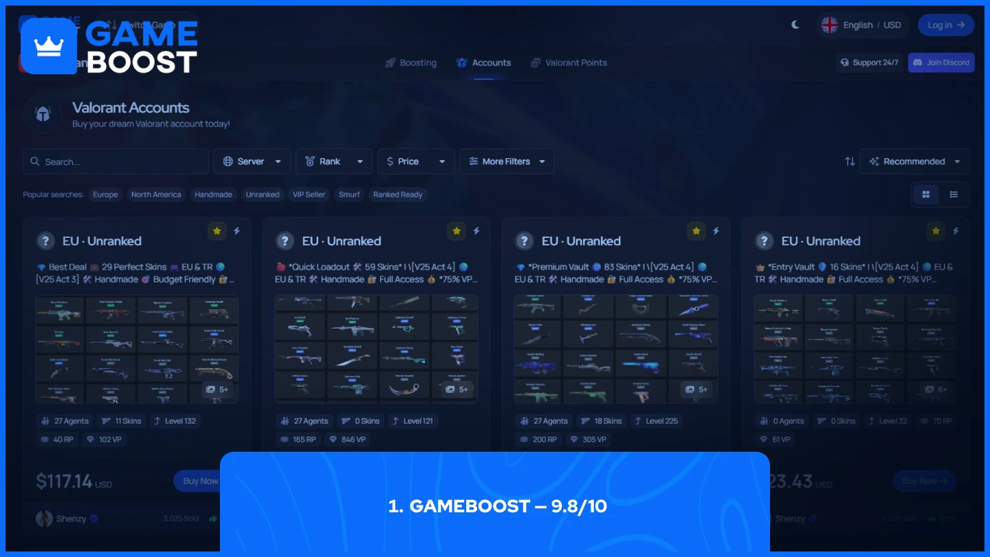 gameboost valorant accounts page