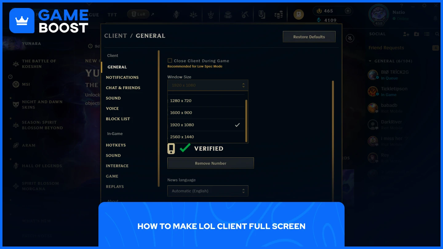 снимка на настройките на lol клиента