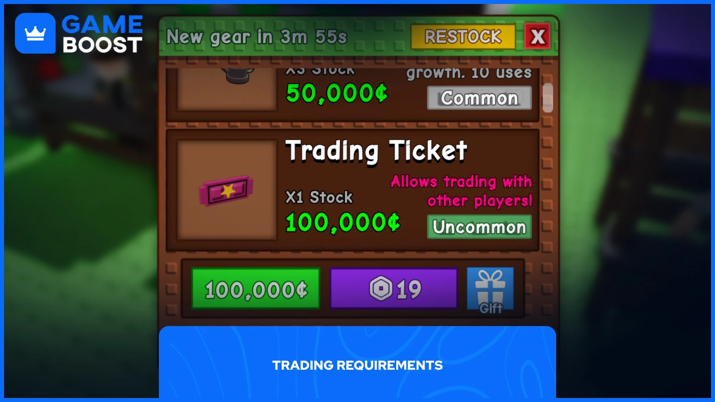 a picture of the gear shop featuring a trading ticket