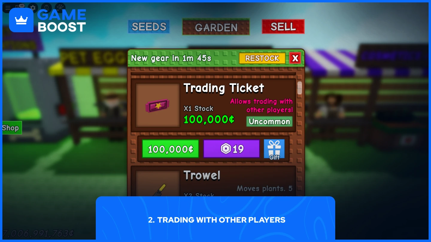 a picture of the gear shop featuring a trading ticket