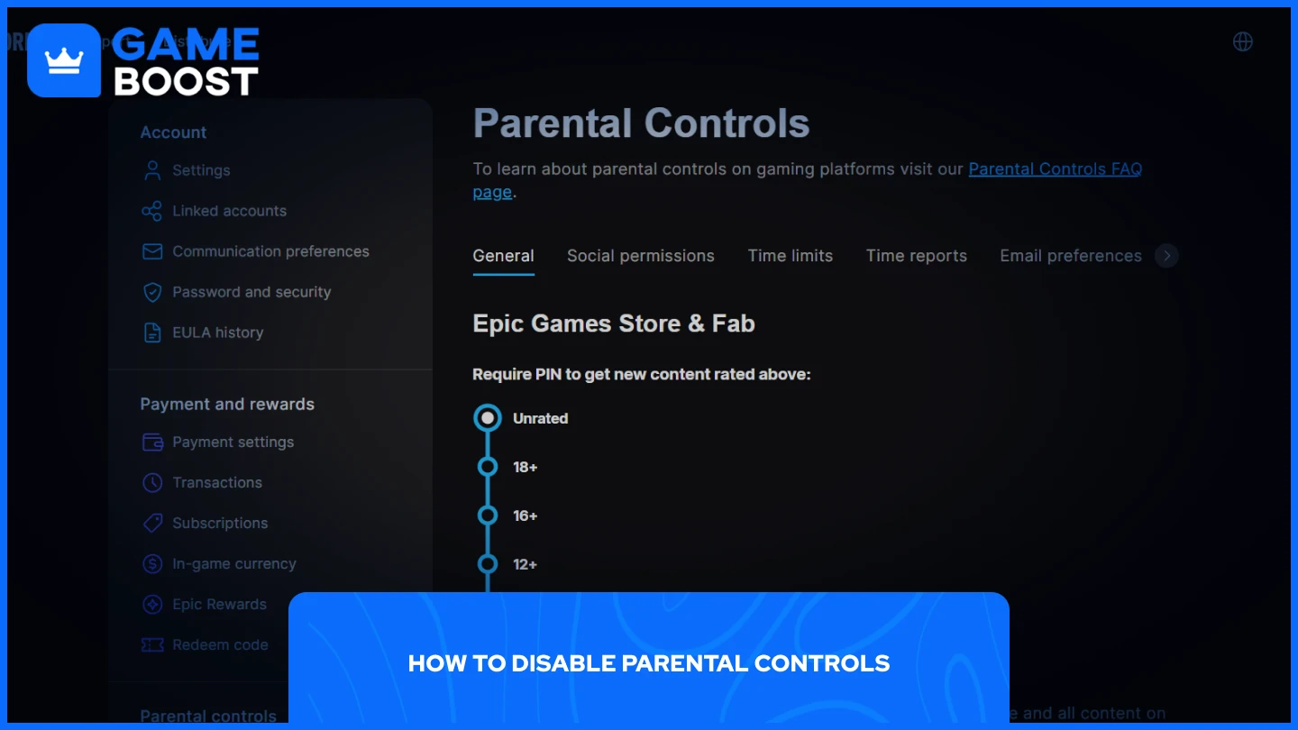 a picture of the parental settings on Epic games