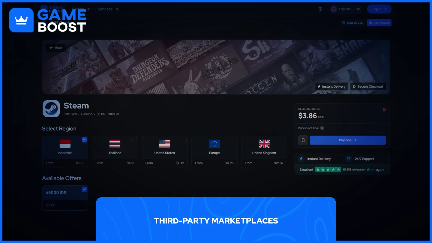 снимка на страницата с Steam подаръчни карти на GameBoost