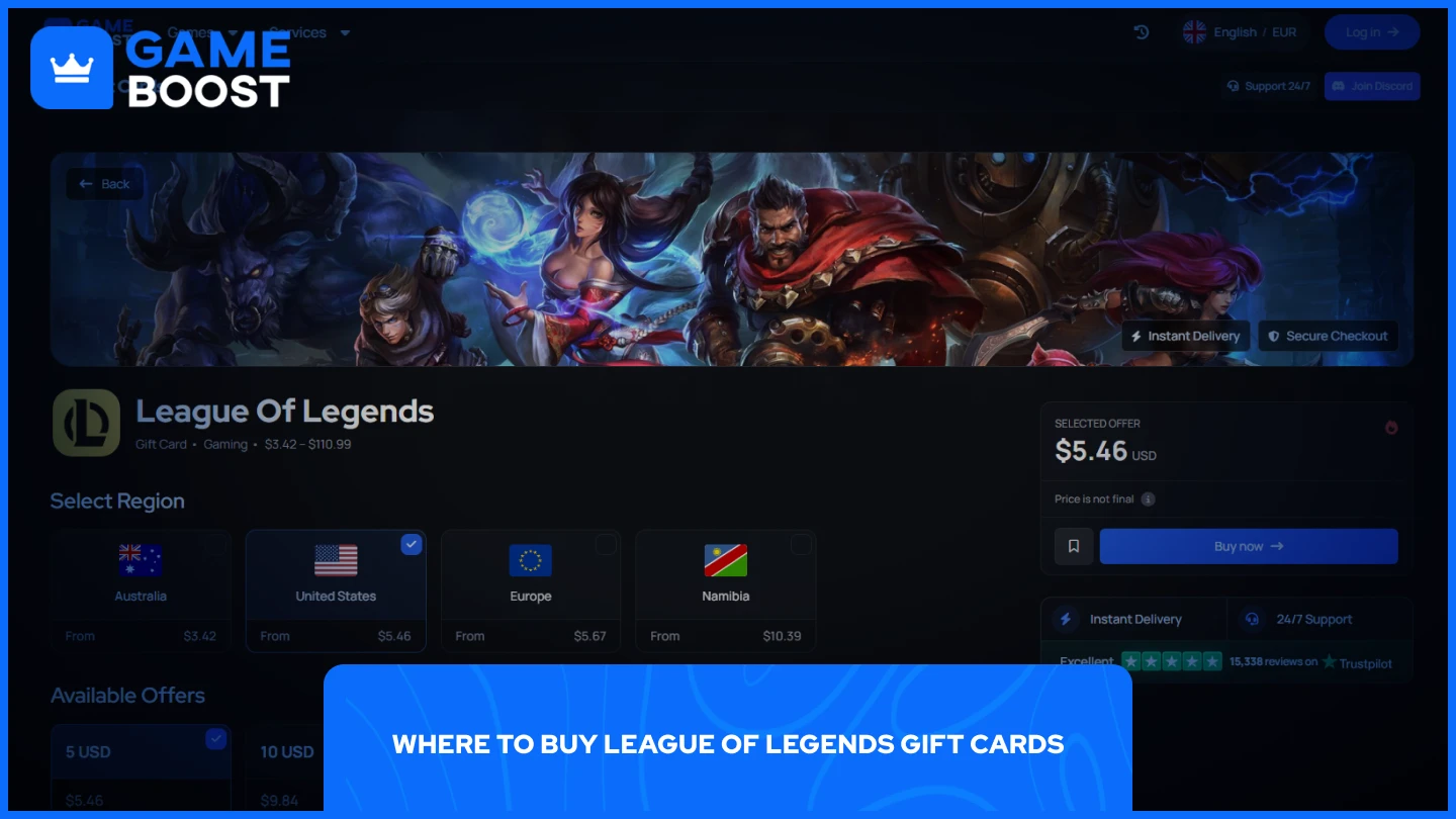 una imagen de la página de tarjetas de regalo de gameboost para league of legends