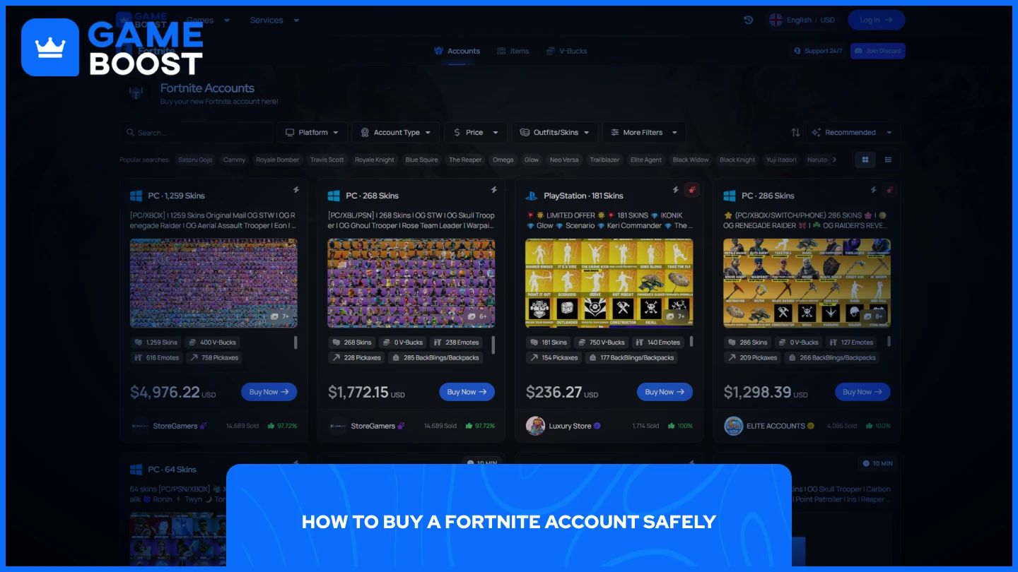 o poză cu pagina de conturi Fortnite de la GameBoost