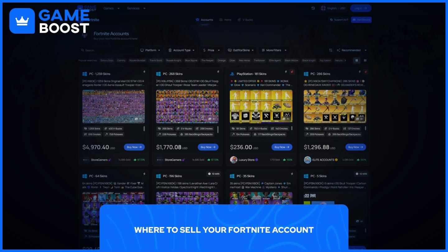 una imagen de la página de cuentas de gameboost fortnite