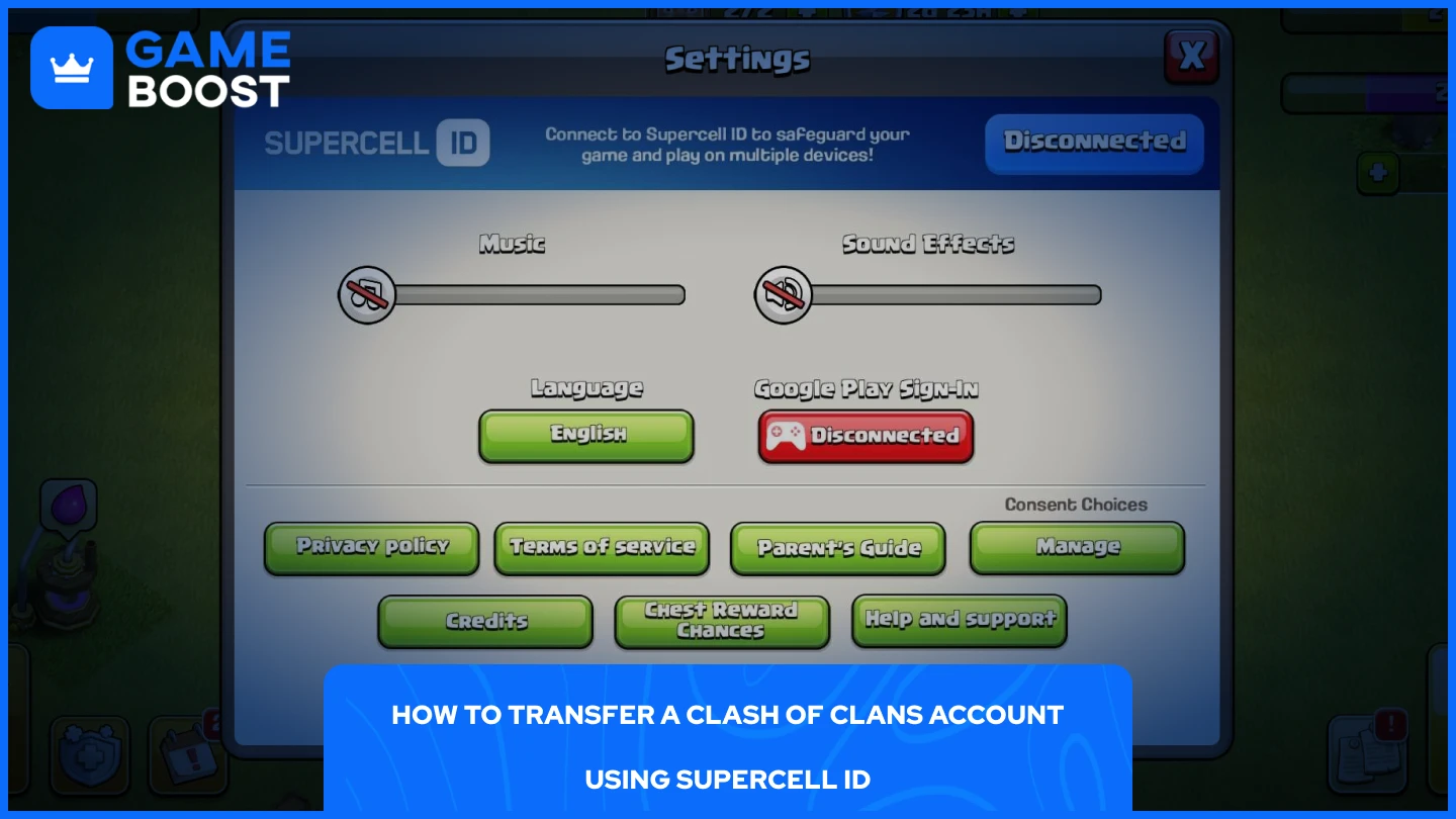 uma imagem das configurações no jogo Clash of Clans
