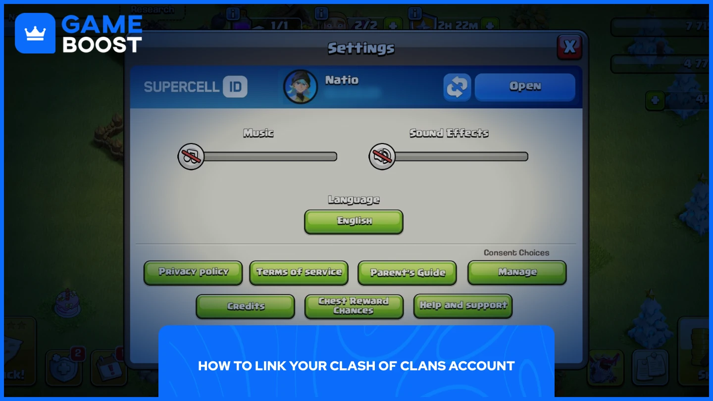 снимка на настройките в играта за Clash of Clans