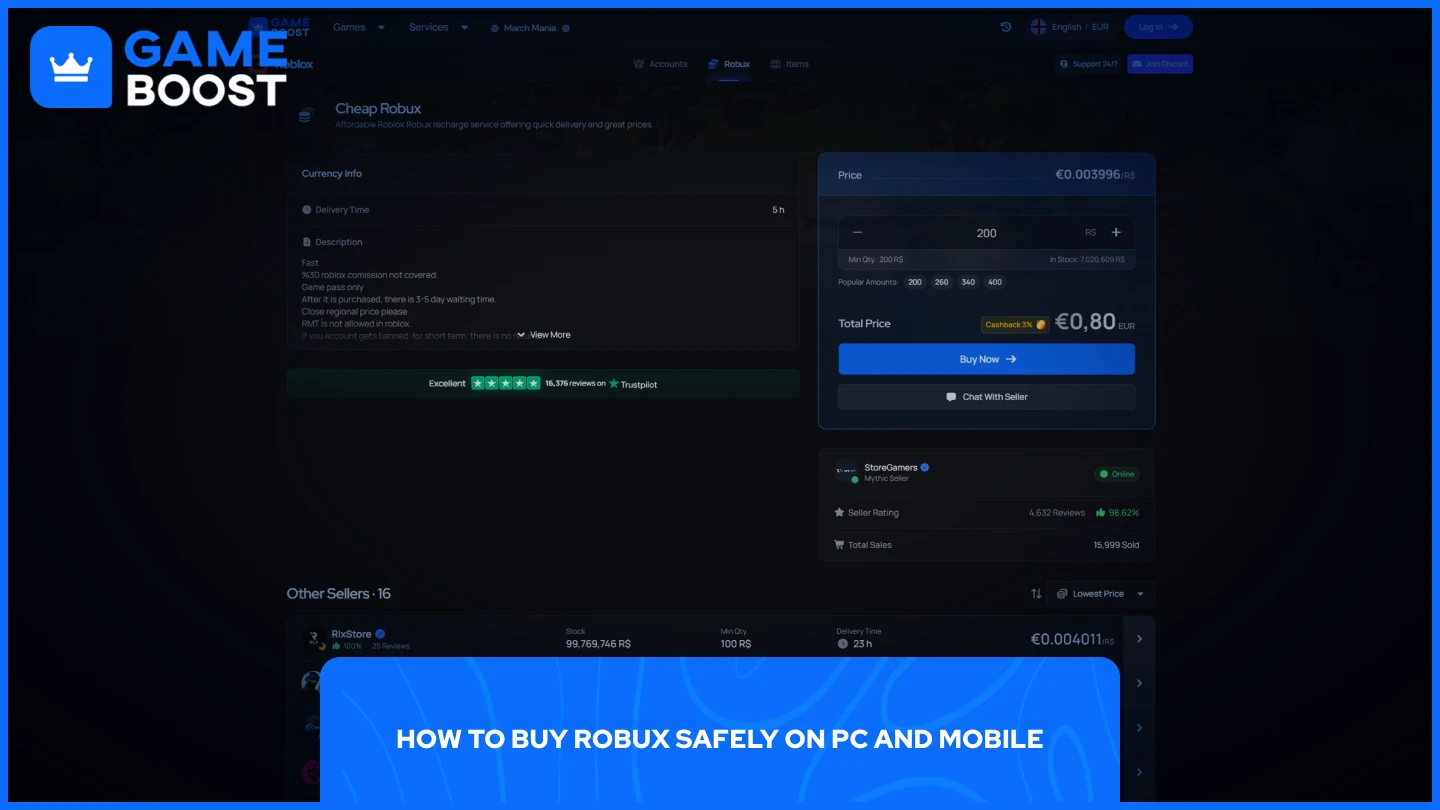 una imagen de la página de robux de roblox en GameBoost