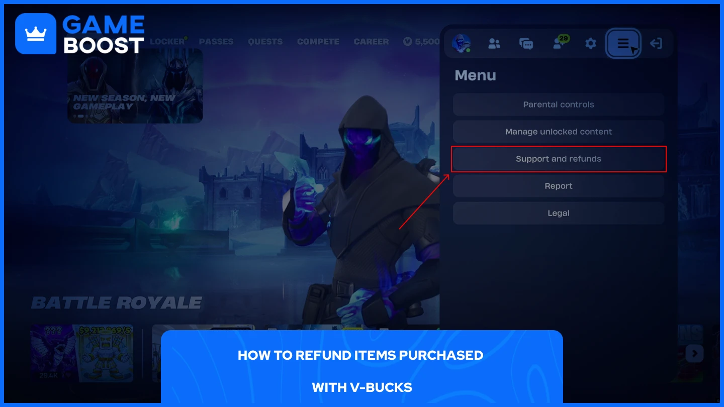 フォートナイトのホーム画面メニューの画像