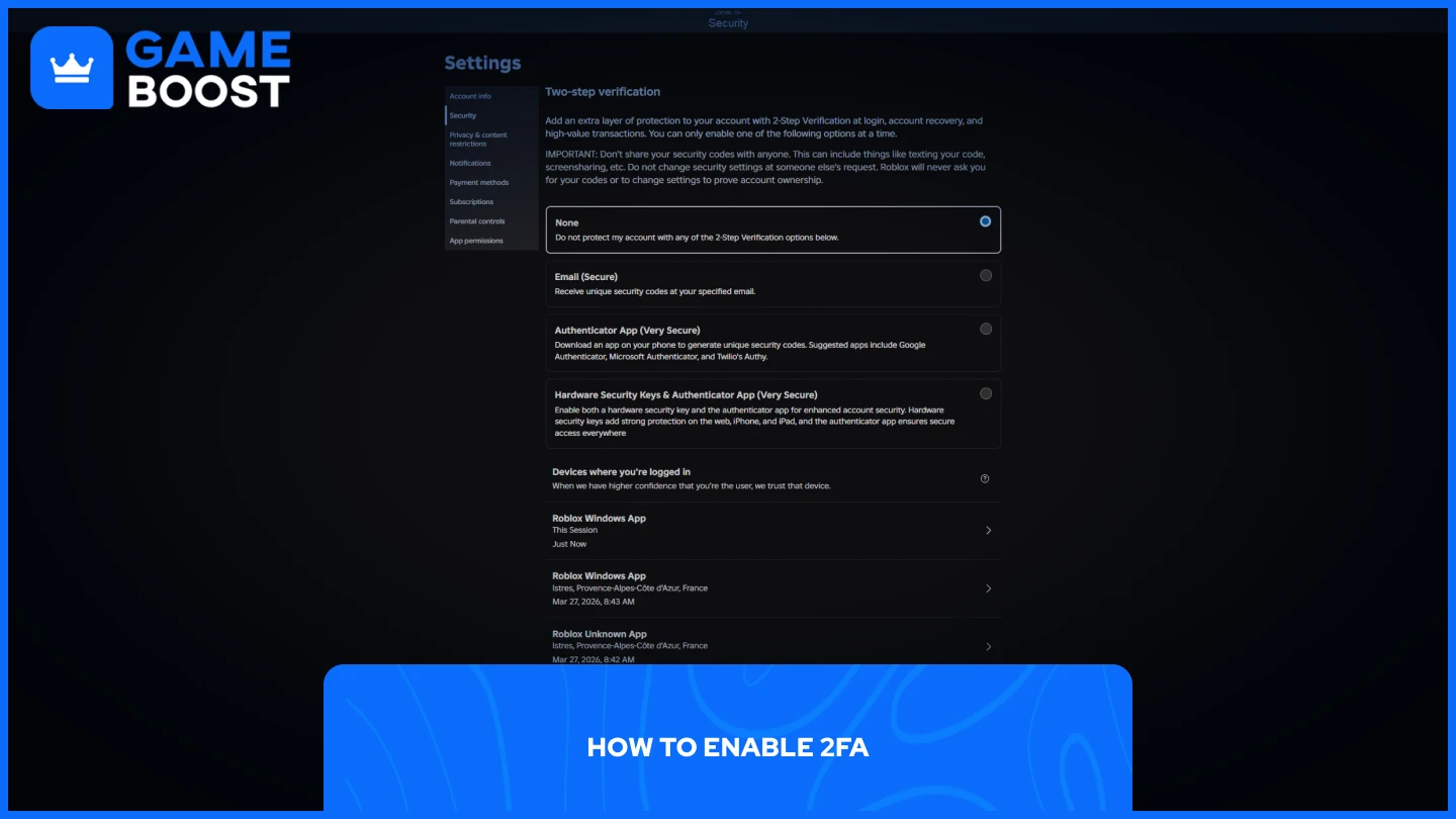 una imagen de la configuración de seguridad de Roblox