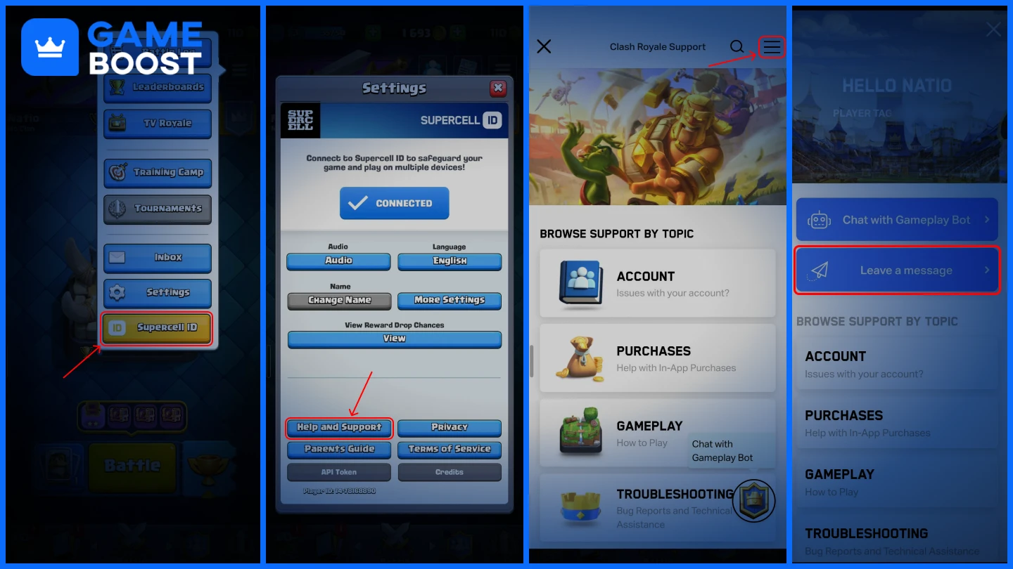 en bild på stegen för att radera ett konto i Clash Royale