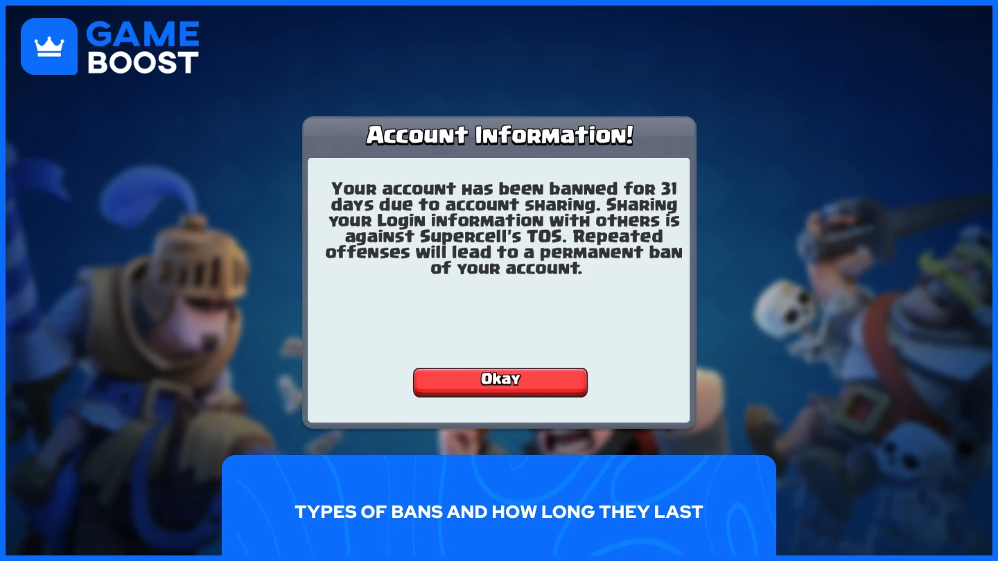 uma imagem de um banimento de 31 dias no Clash Royale