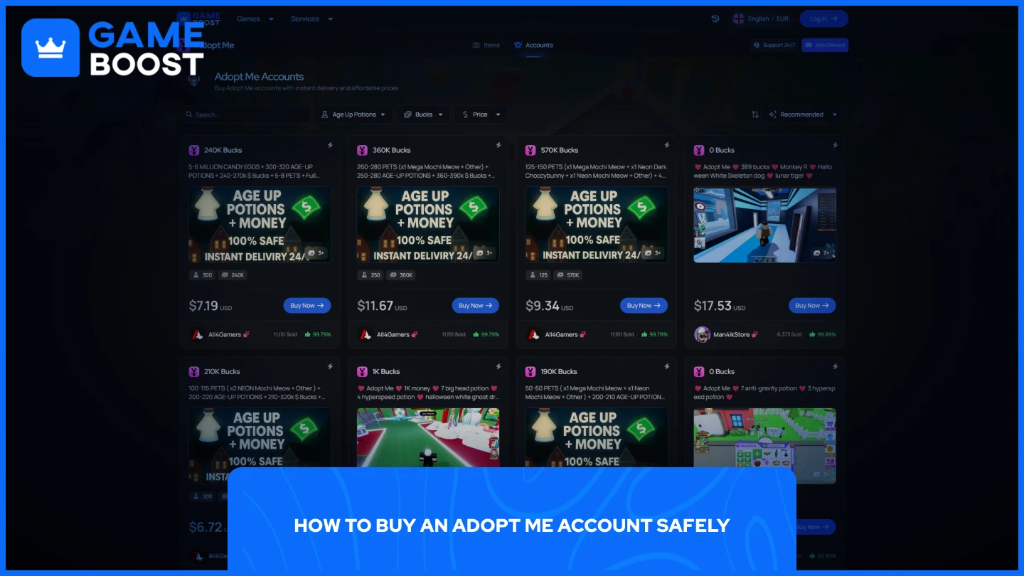 une image de la page des comptes Adopt Me de GameBoost