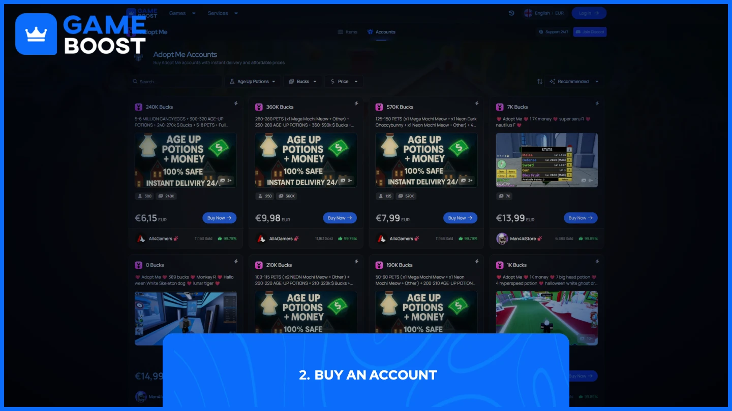 картинка страницы аккаунтов adopt me на gameboost