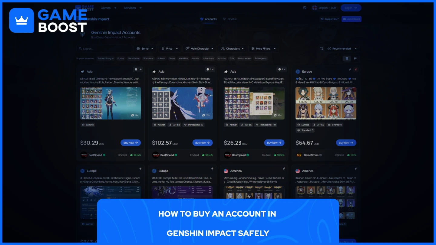 a picture of gameboost genshin impact accounts page