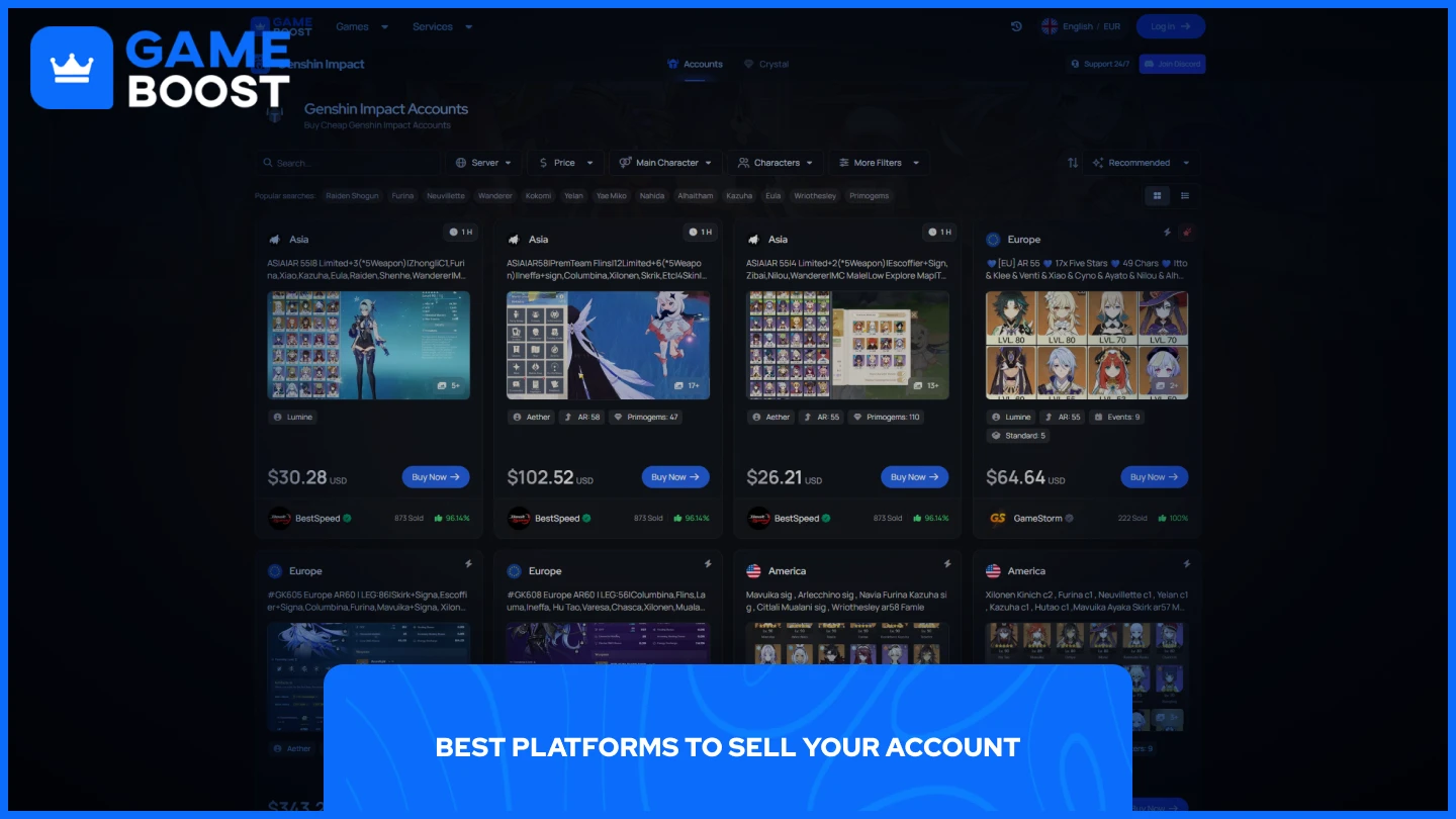 uma imagem da página de contas Genshin Impact do GameBoost