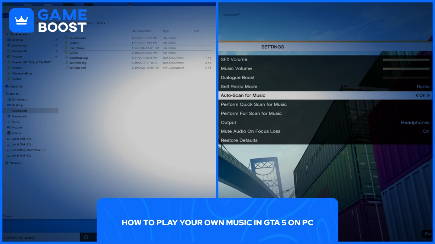 GTA 5の音楽フォルダとゲーム内オプションの画像