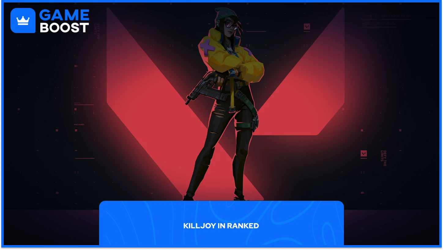 Valorant Killjoy in front of Valorant logo