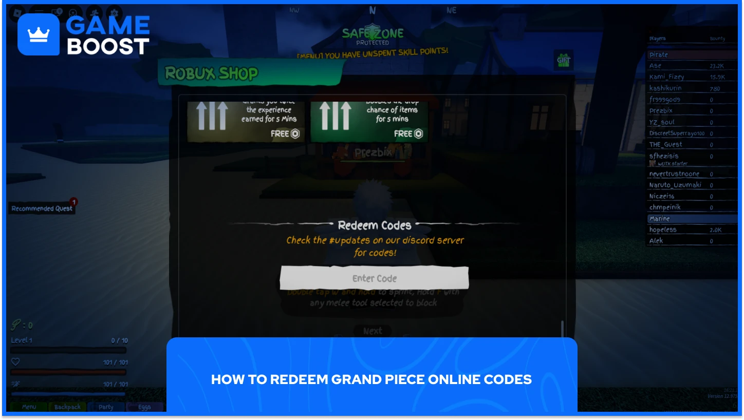 grand piece online redeem menu