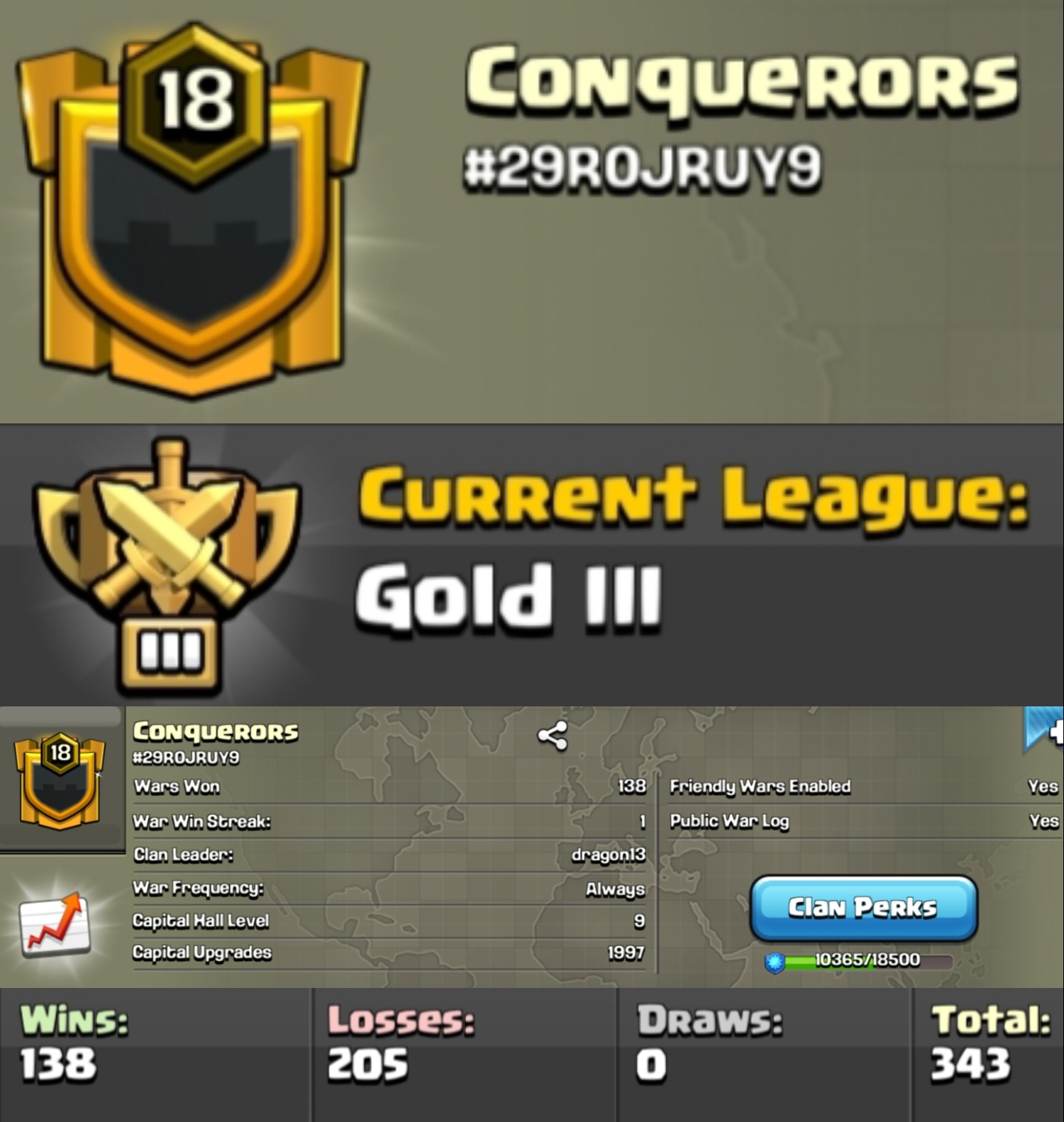 Level 18 clan || clan capital 9 || gold 3 || nams - Conquerors