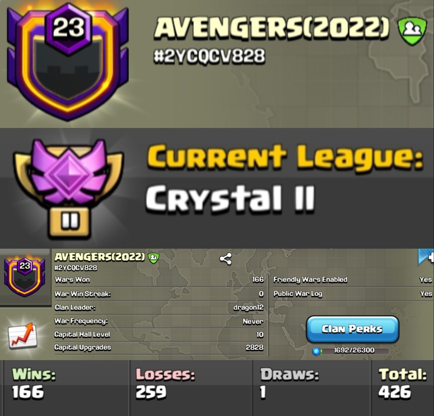 Level 23 clan || clan capital 10 || crystal 2 || name - AVENGERS(2022)