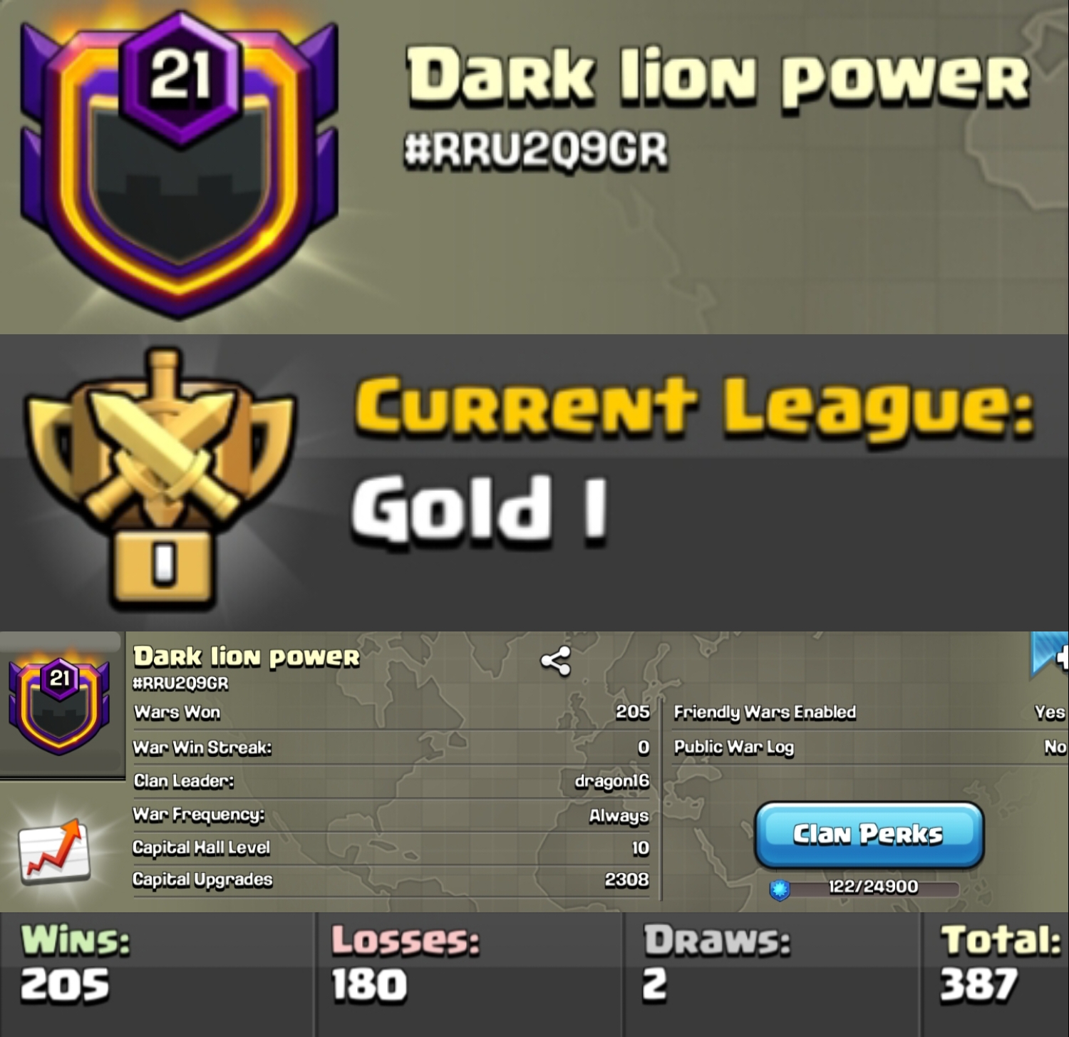 Level 21 clan || clan capital 10 || gold 1 || warlog 205-180 || name - Dark lion power