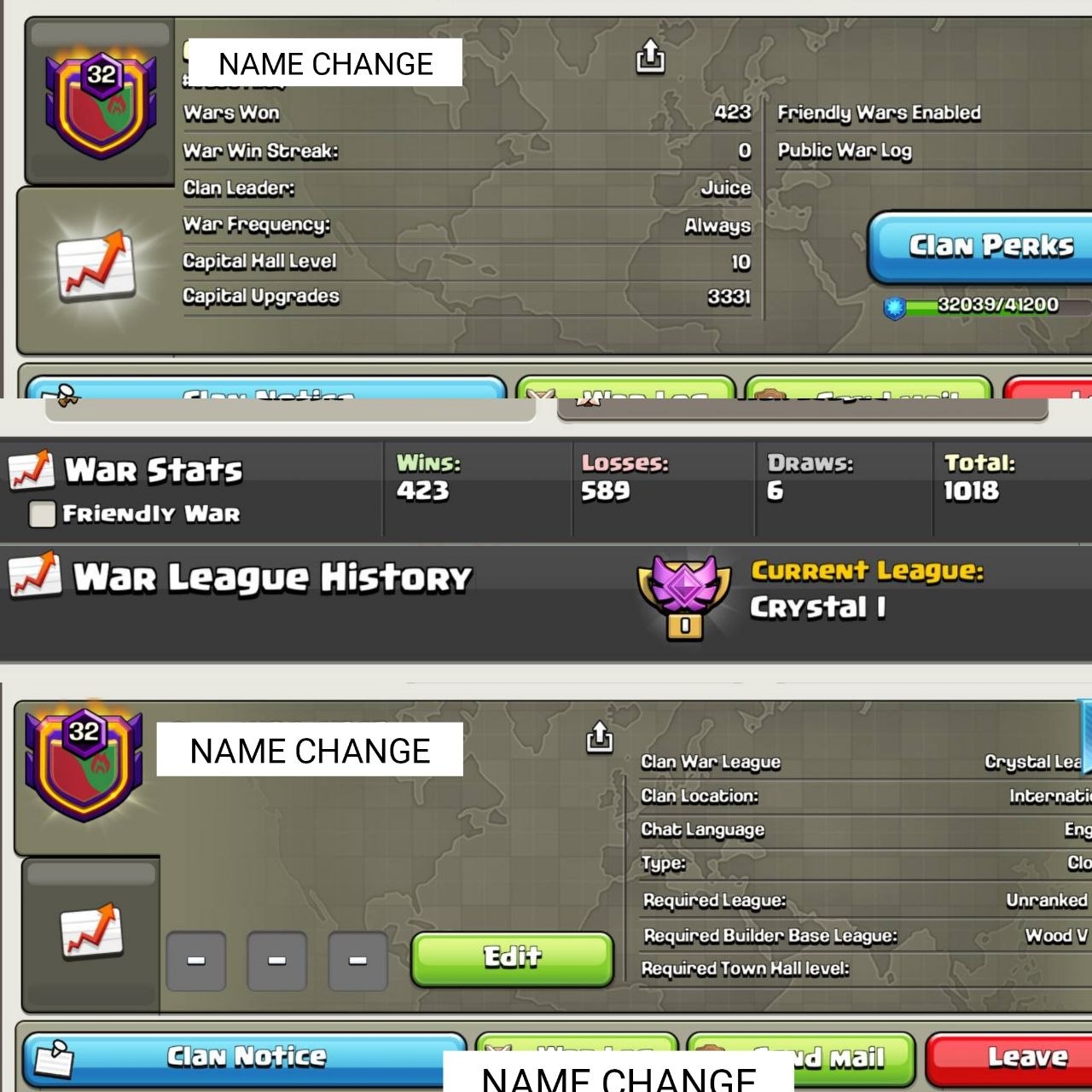 [ NAME CHANGE CLAN ] |  [LVL 32.9 CLAN | CC 10 MAX   | LEAGUE [ CRYSTAL 1 ] | INSTANT DELIVERY (unless sleeping)