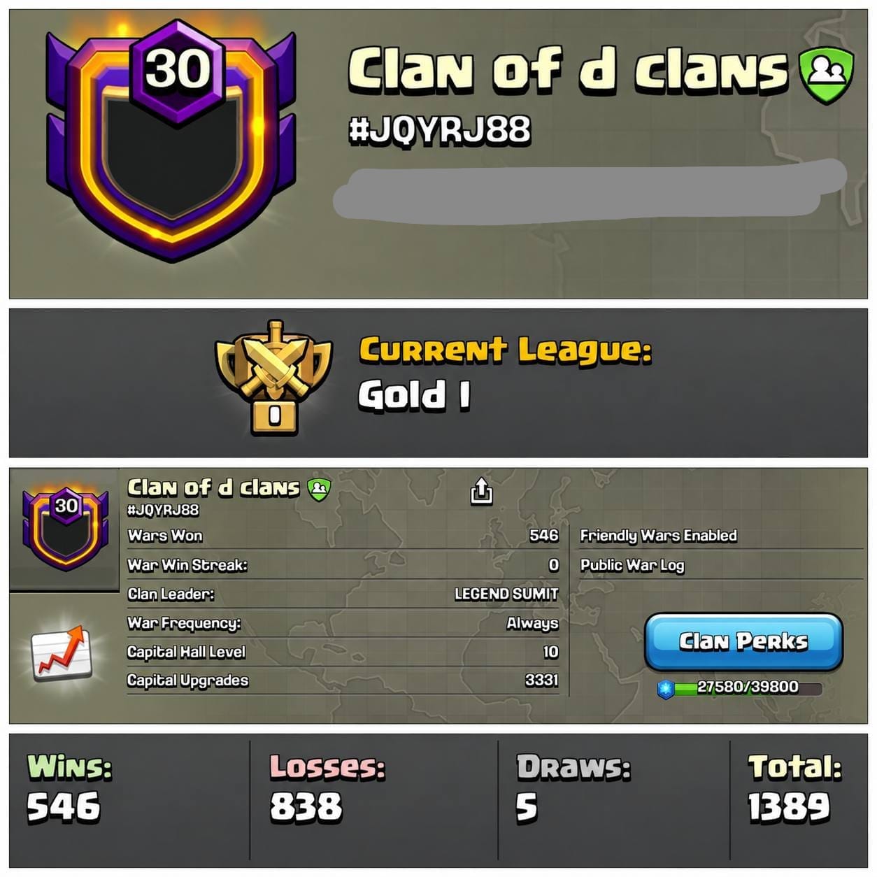 7 digit tag Level 30 clan || clan capital 10 maxed || gold 1 || name - Clan of d clans