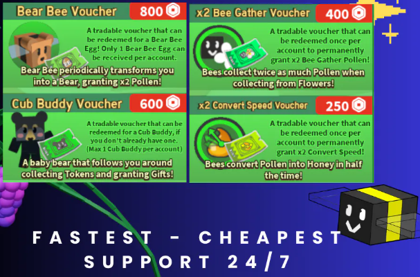 Bee Swarm Simulator > All Vouchers Bundle : Bear Bee Voucher| Cub Buddy Voucher | x2 Bee Gather Voucher | x2 Convert Speed โโVoucher