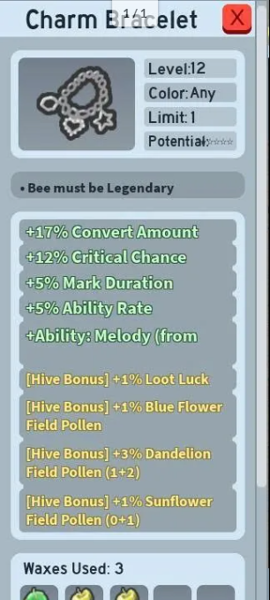 Charm Bracelet( 1* potential 3 wax used - 1% Loot Luck - 1% BFFP - 3% DFP - 1% SFP)