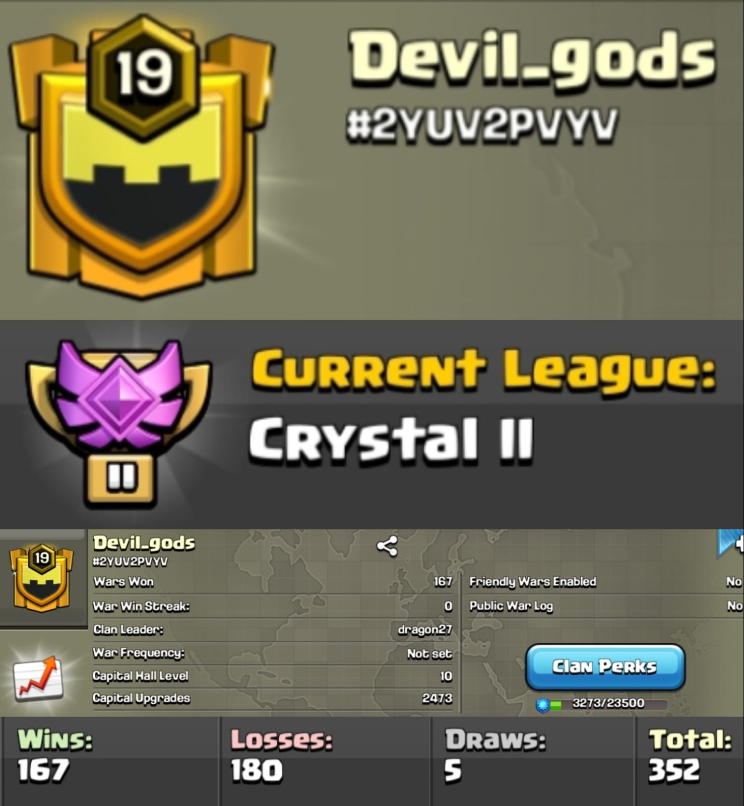 Level 19 clan || clan capital 10 || crystal 2 || name - Devil_gods